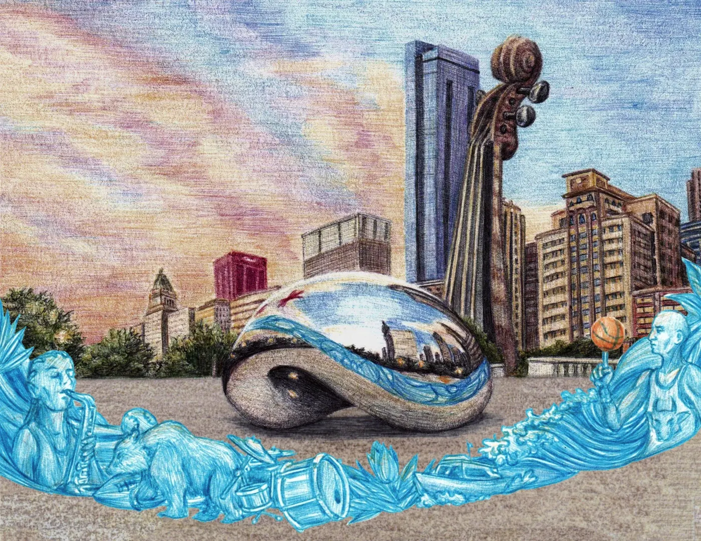 Millennium Park, painting by Santiago Briceño for the Chicago edition