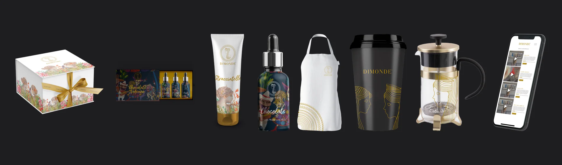 Dimonde product ecosystem: gift box, syrups, creams, apron, cup, press and app